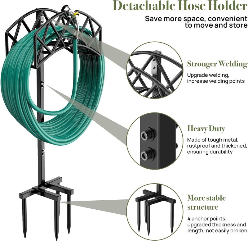 Winpull Garden Hose Holder Detachable Heavy Duty Metal Water Hose Hanger, Freestanding Hose Storage Stand Rack for Outside (Black) - Image 2